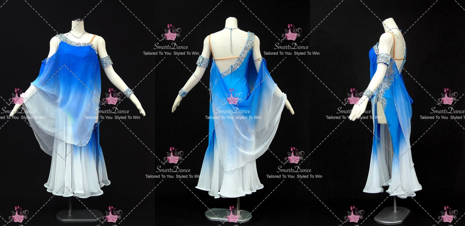 Blue And White Custom Made Performance Ballroom Dance Costumes High
